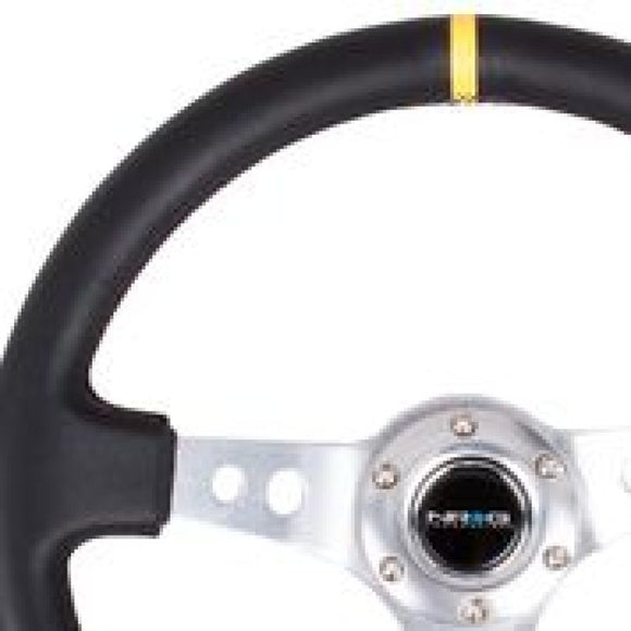 NRG Reinforced Steering Wheel (350mm / 3in. Deep) Blk Leather w/Circle Cut Spokes & Single Yellow CM