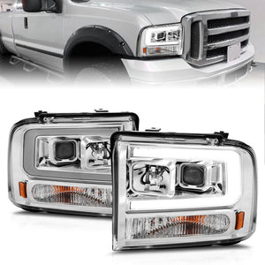 ANZO 99-04 Ford F250/F350/F450/Excursion (excl 99) Projector Headlights - w/Light Bar Chrome Housing