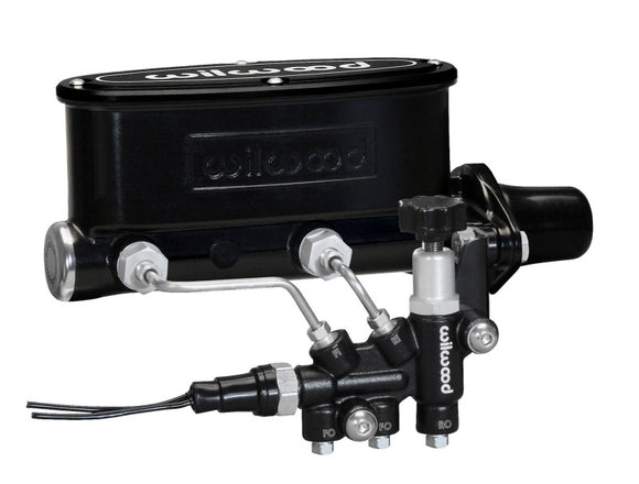 Wilwood HV Tandem M/C Kit w L/H Bracket & Prop Valve - 1in Bore Black