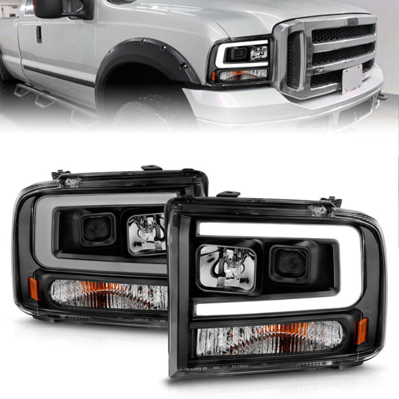 ANZO 99-04 Ford F250/F350/F450/Excursion (excl 99) Projector Headlights - w/ Light Bar Black Housing