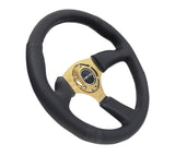 NRG Reinforced Steering Wheel (350mm / 2.5in. Deep) Leather Race Comfort Grip w/4mm Gold Spokes