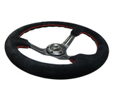 NRG Reinforced Steering Wheel (350mm / 3in. Deep) Blk Suede w/Red Stitching & 5mm Spokes w/Slits